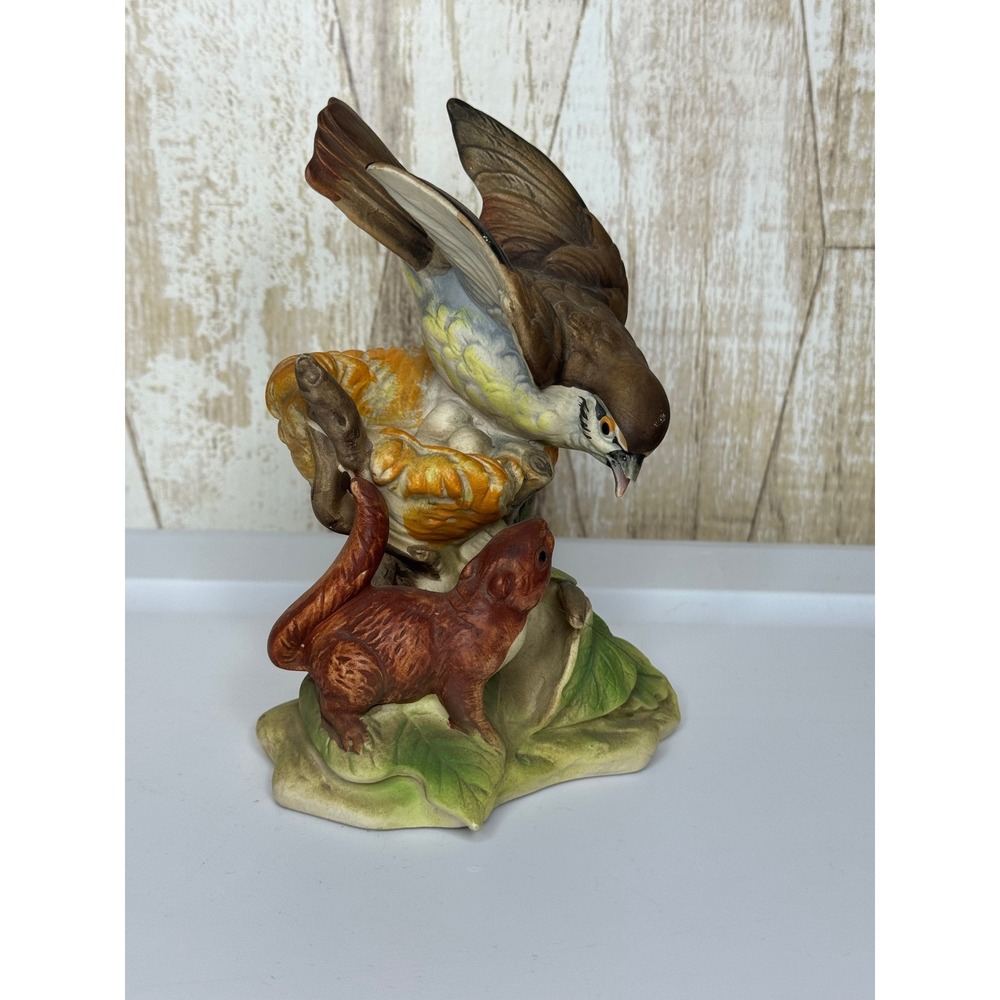 Royal Crown Porcelain Bird Squirrel Nest‎ Figurine Signed Vintage Sculpture